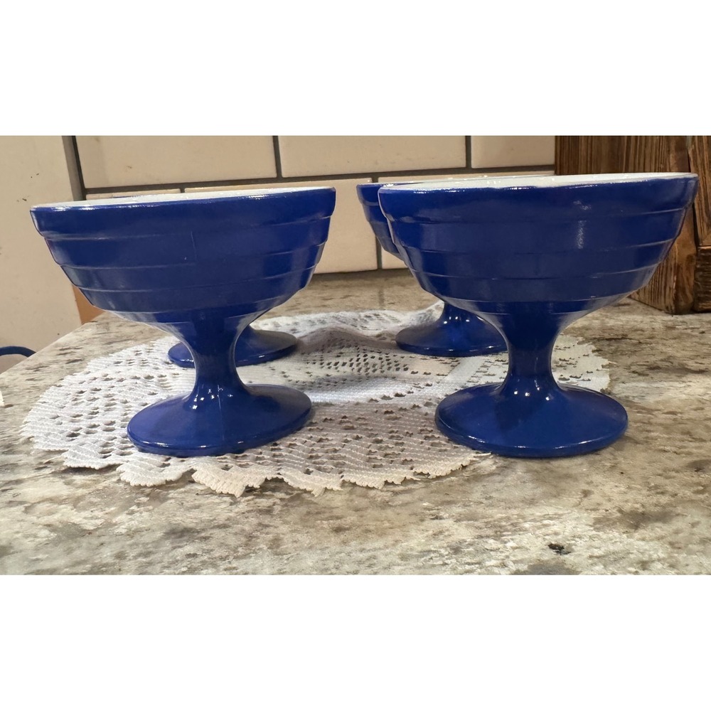 Vintage Cobalt Blue Milk Glass Footed Dessert Sherbet Bowls Set of 4 MCM Retro